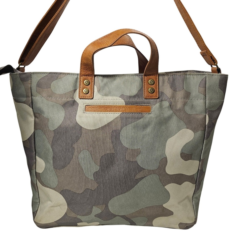 Thirty-One Camo Canvas Tote Bag Crossbody Faux Leather Trim Green Grey